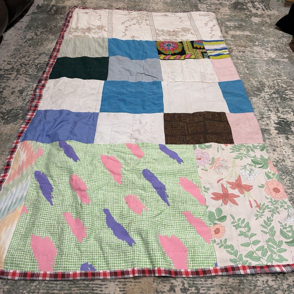 Vintage Reversible Plaid Log Cabin Patchwork Quilt, Full/Double Size Hand Tied